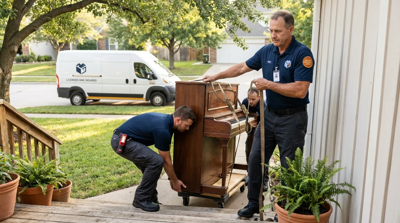 Licensed piano movers securing grand piano in Washington Court House, OH