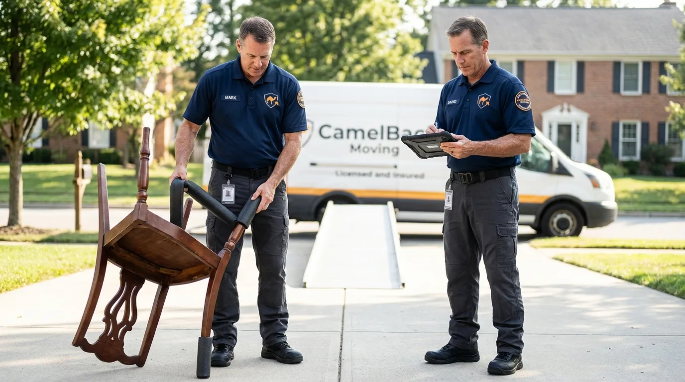 Movers inspecting furniture for damage prevention before loading in Washington Court House, OH