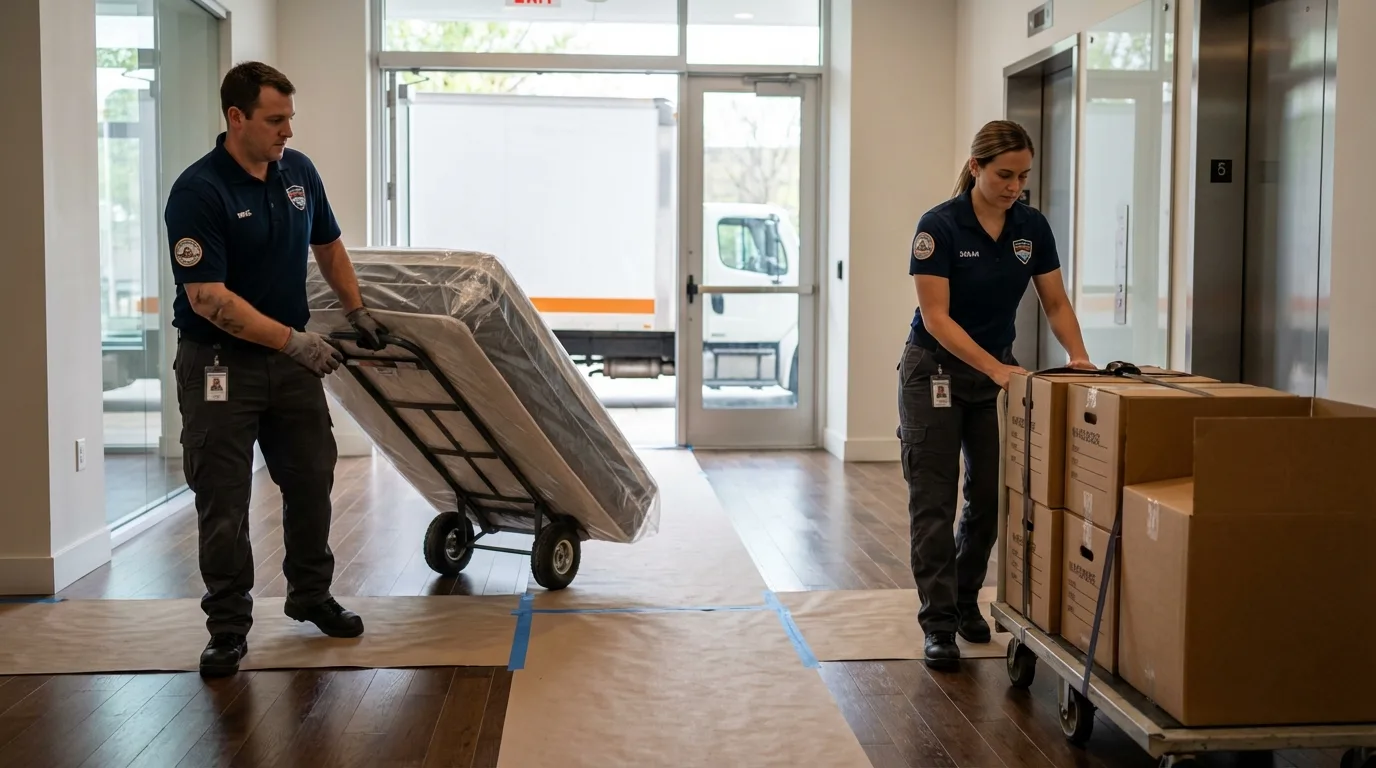 Professional apartment movers loading elevator in Washington Court House, OH