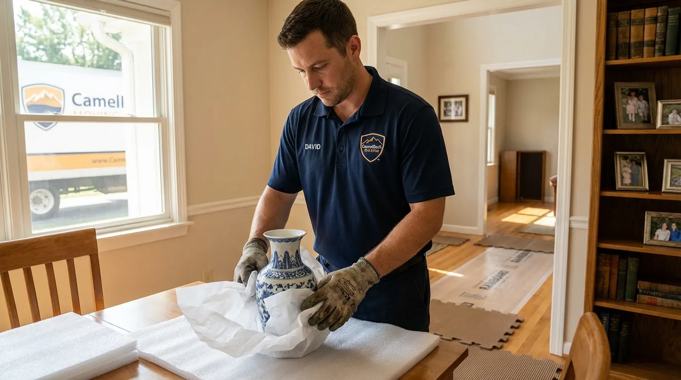 Professional crew carefully wrapping antique vase for senior downsizing move in Washington Court House, OH